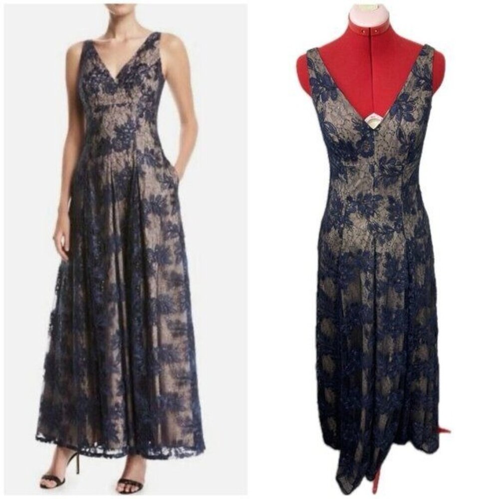 Aidan Mattox Navy Blue Lace Overlay Gown Maxi Dress XS 2